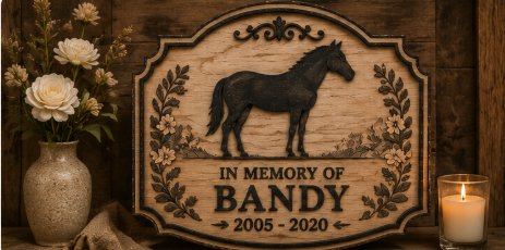 Memorial Elegance sign — horse with floral border reading In Memory of Bandy 2005 to 2020