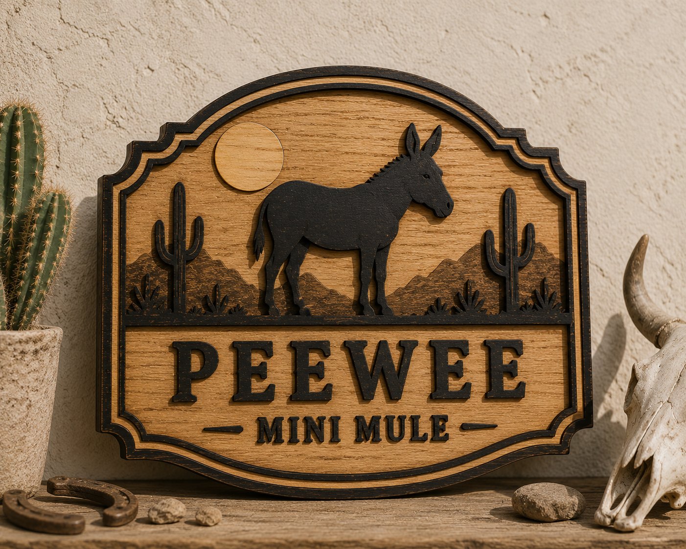 Desert Western sign — donkey named Peewee with saguaro cactus and mesa landscape